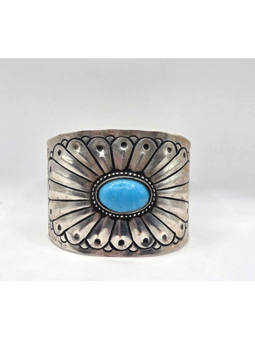 Vintage Silver Tone Cuff Bracelet With Faux Turquoise Stone Hand-Stamped Floral